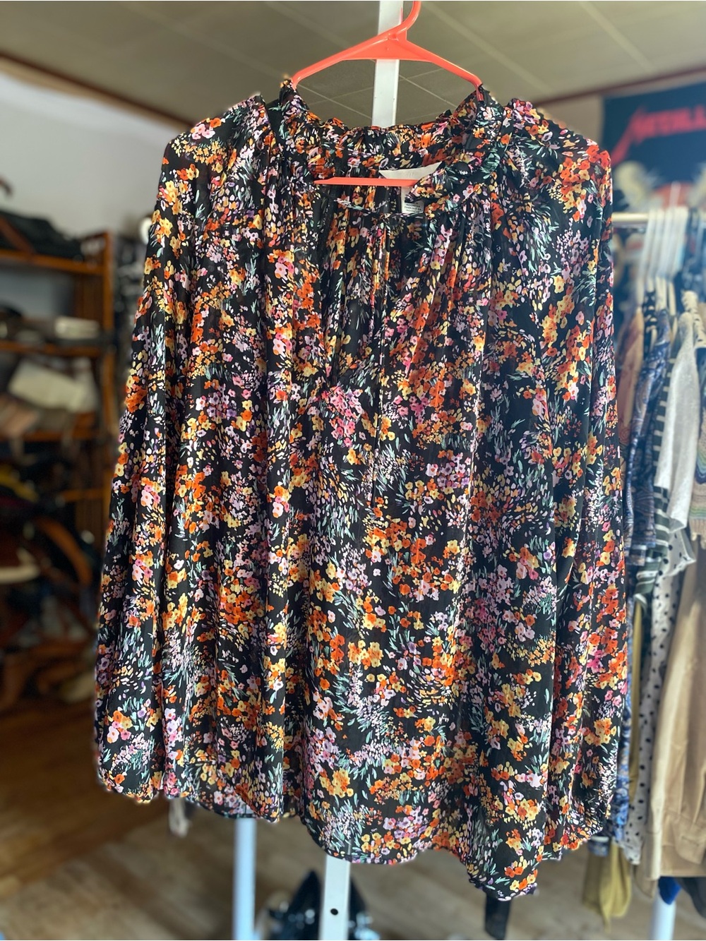 H&M Black Floral Long-Sleeve Blouse with Pink & Orange Accents